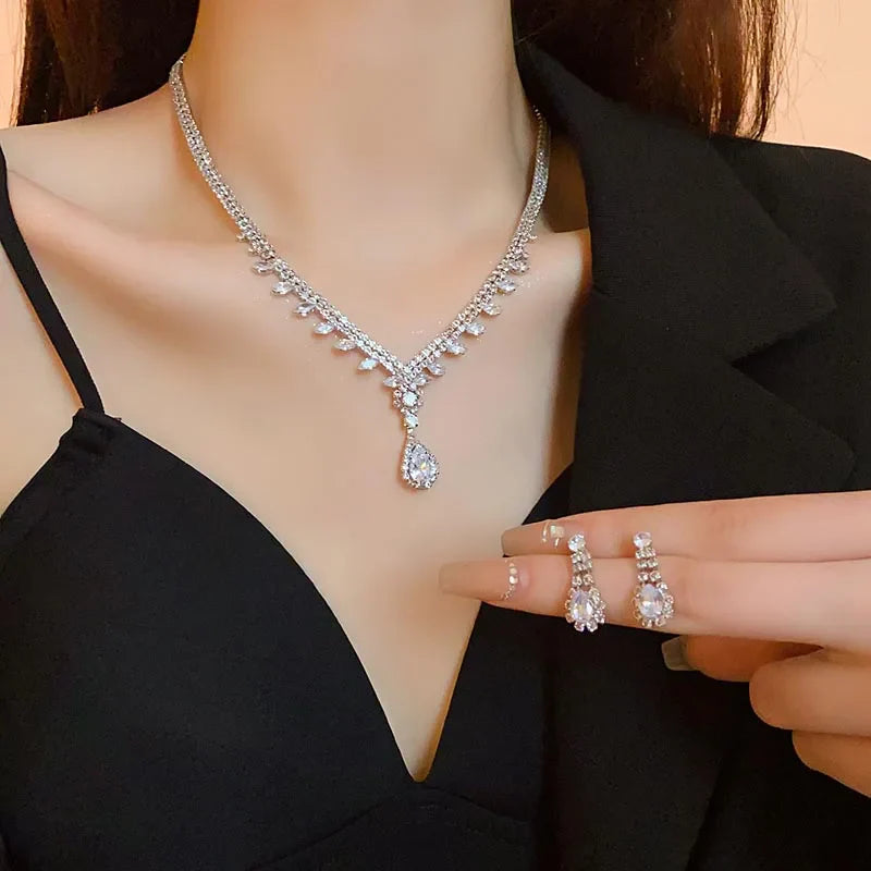 Large Water Drop Rhinestone Necklace and Earrings Set for Women Bridal Wedding Party Jewelry