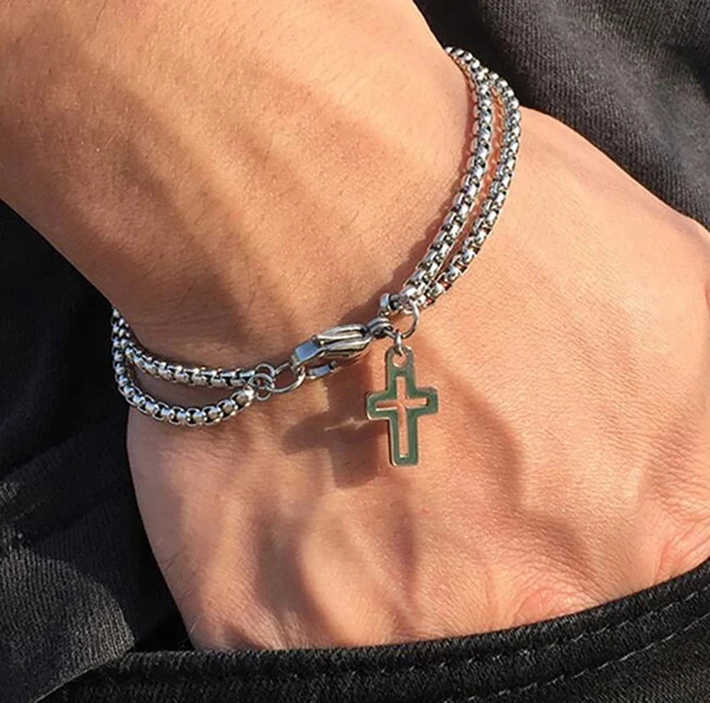 Men's Stainless Steel Skeleton Cross Bracelet with Double Chain and Lobster Claw Clasp for Hip Hop Punk Style Jewelry