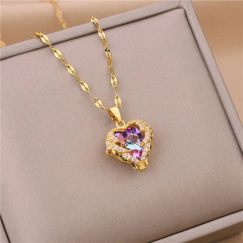 Luxury Colorful Crystal Ocean Heart Pendant Necklace for Women Stainless Steel Jewelry