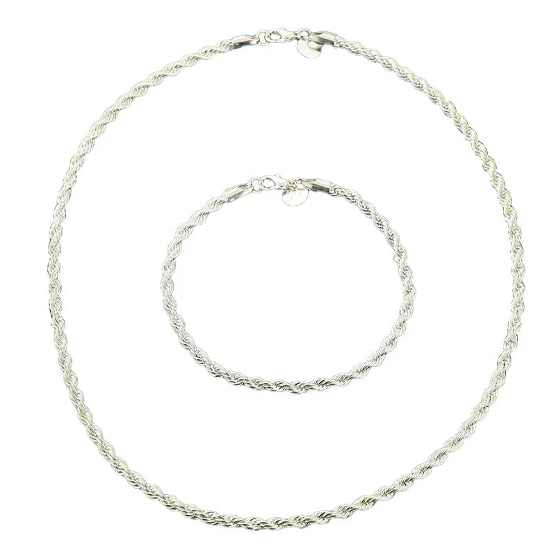 925 Sterling Silver Twisted Rope Chain Necklace and Bracelet Set for Men and Women High Quality Jewelry