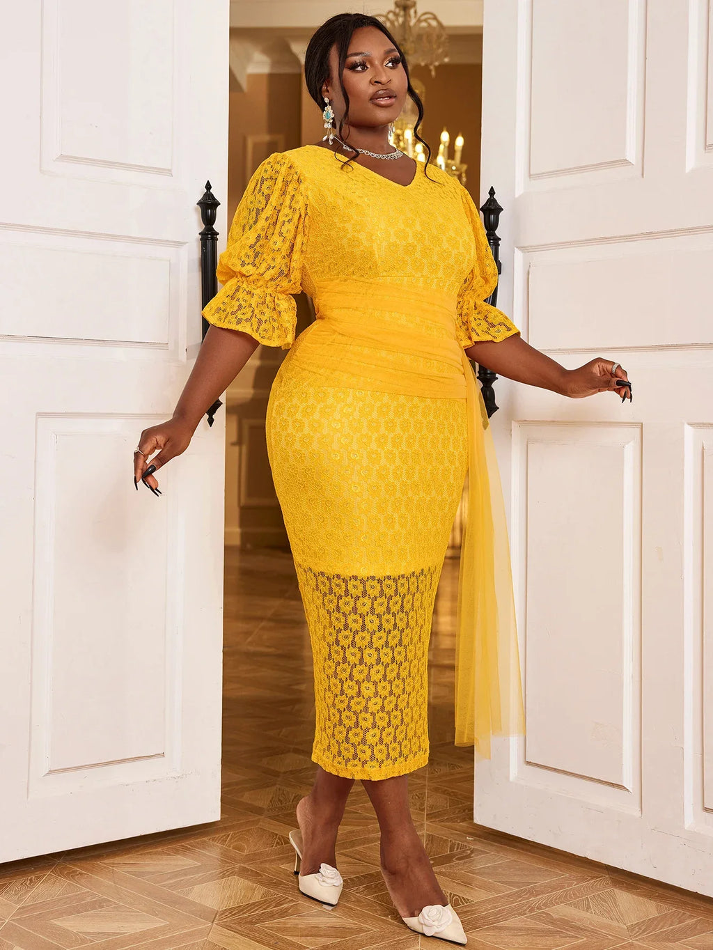 V Neck Lace Dress For Wedding Guest Lantern Sleeves Mesh