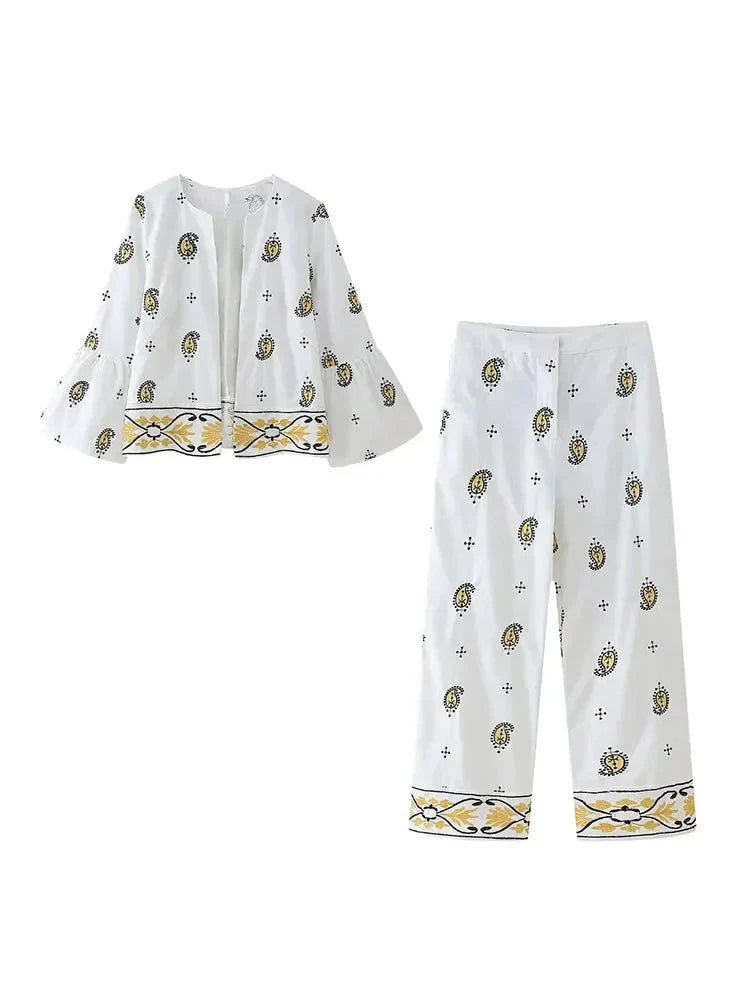 Fashion Women's Print Embroidered Shirt and Pant Set with Long Sleeve Cardigan Coat and Straight Trouser High Street Outfit