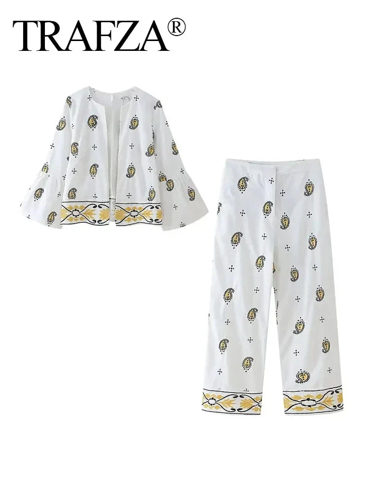 Vintage Women Embroidered Cardigan Coat and Wide Leg Trousers 2 Piece Outfit Set