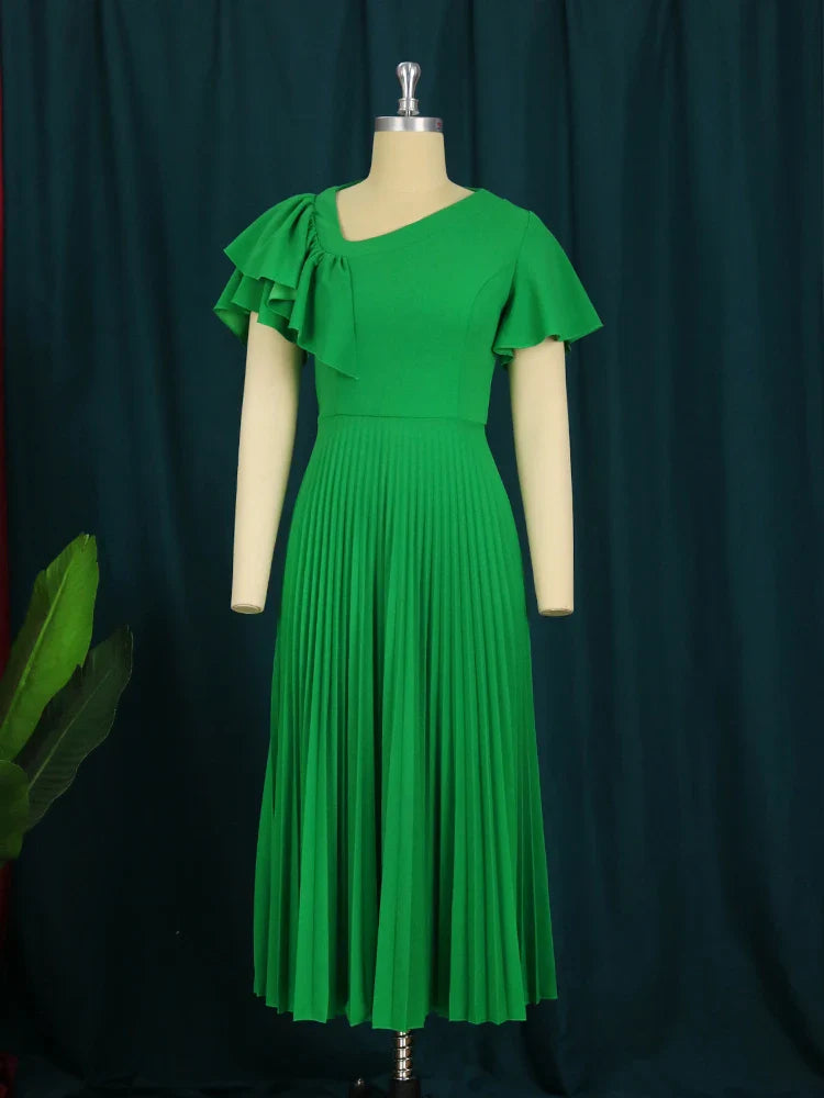 Elegant Women Pleated Midi Dress Short Sleeve Party Gown