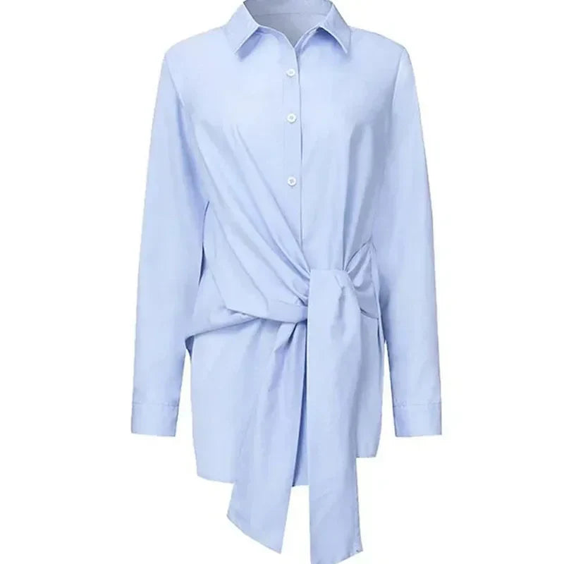 Ruched Long Sleeve Blouse for Women Lace-Up Casual Loose Fit Shirt with Turn-Down Collar Solid Color Elegant Top