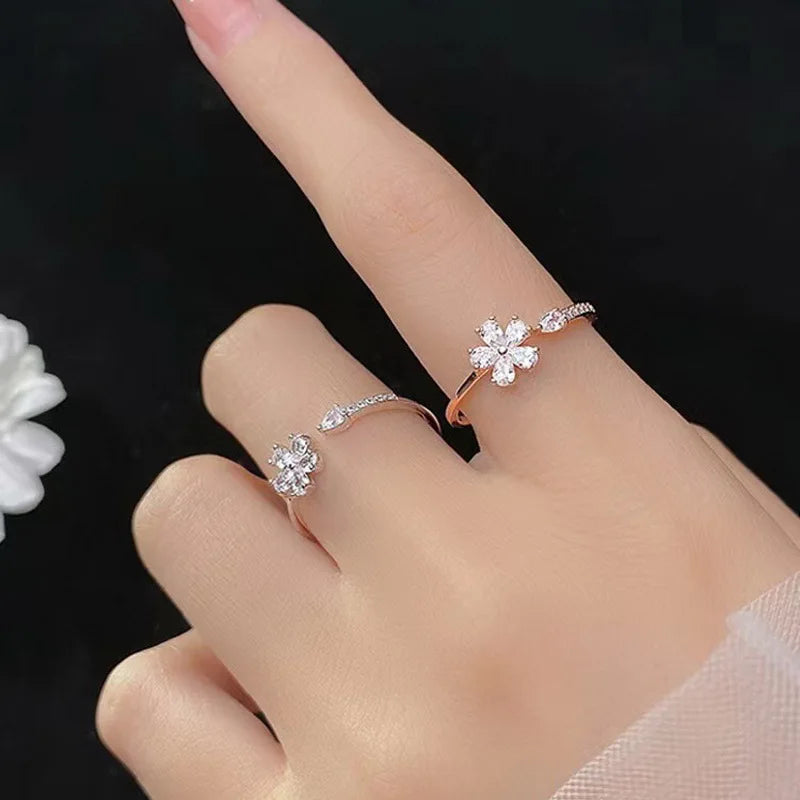 Adjustable Zircon Flower Opening Rings for Women with Cubic Zirconia Cherry Blossom and Tulip Design Wedding Jewelry