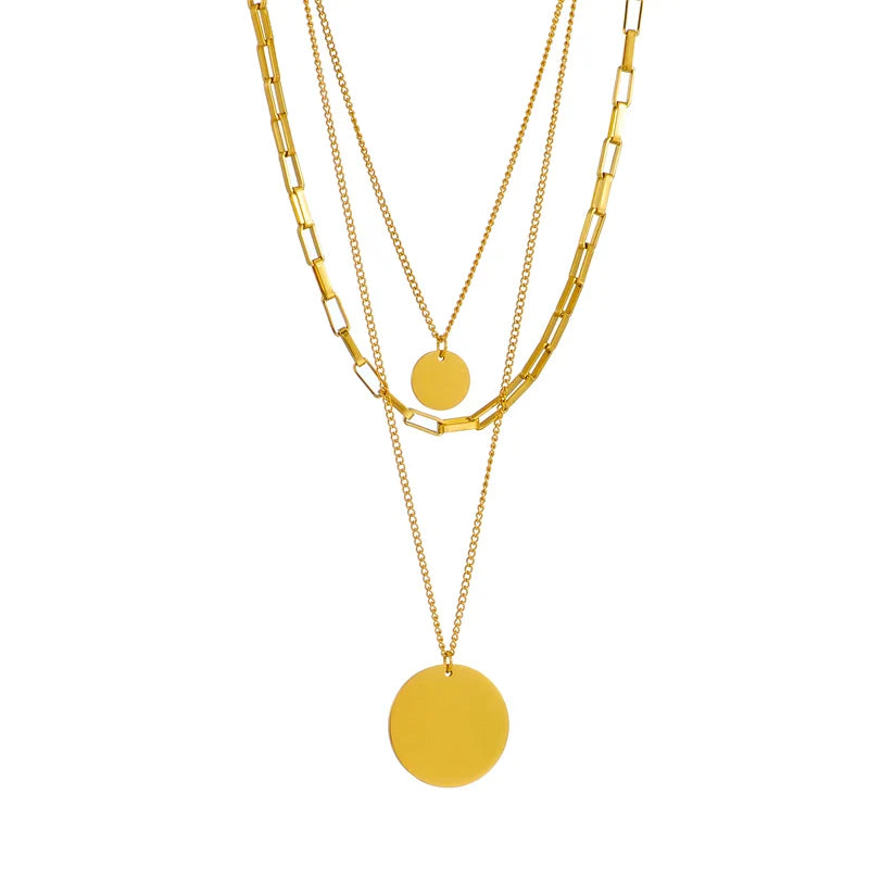 Gold Color 316L Stainless Steel 3in1 Round Pendant Necklace for Women with Multilayer Chain Design