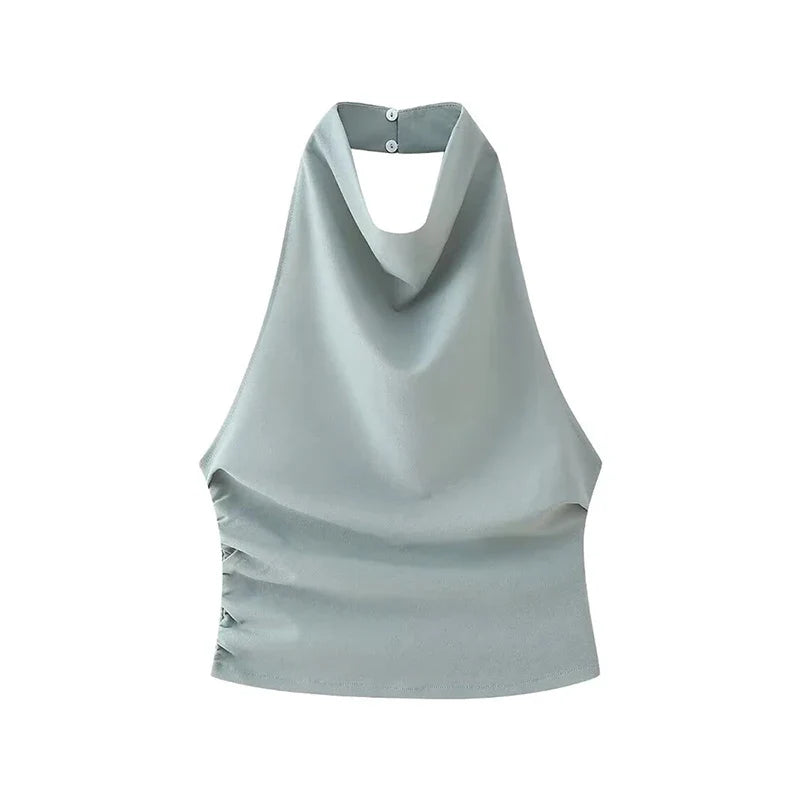 Women's Chic Two-Piece Set Backless Pleated Crop Top with Vintage High Waist Back Slit Midi Skirt Elegant Lady Fashion Ensemble