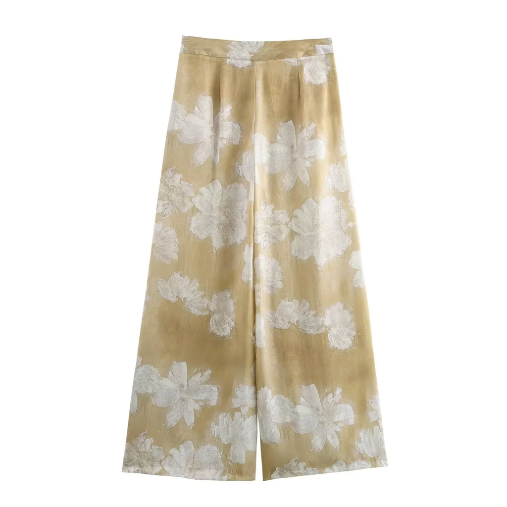 Silk Satin Flower Print Long Sleeve Shirt and Pants Set for Women