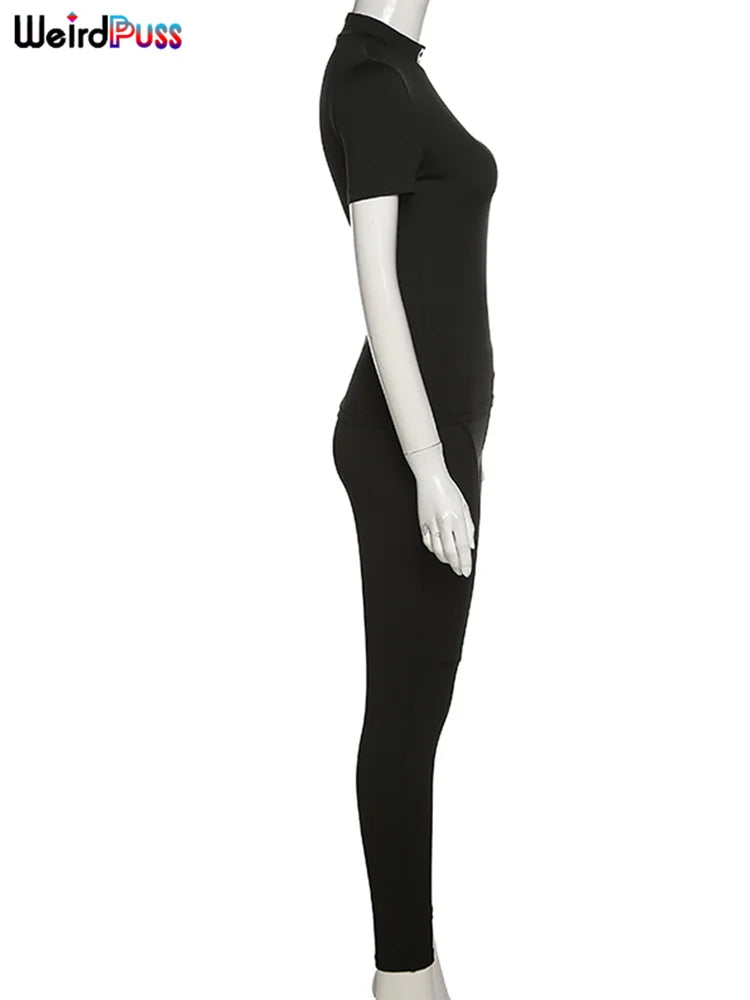 Weird Puss Letter Print Women's Tracksuit Set with Crop Top and Leggings for Stylish Streetwear