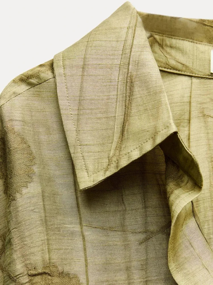 Jacquard Shirt Pants Suit for Women with Lapel Half Sleeve and Pockets, Wide Leg Pant Set for Summer Streetwear