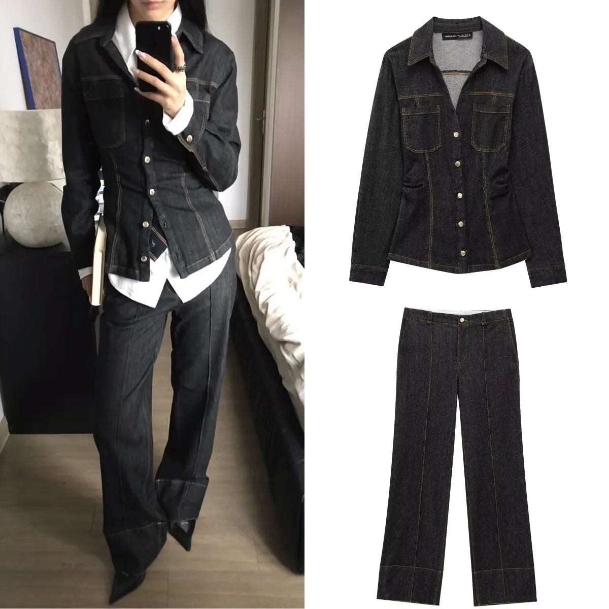 Women's Slim-Fit Denim Shirt with Stretch Waist and Flare Trousers for Comfortable Spring Style