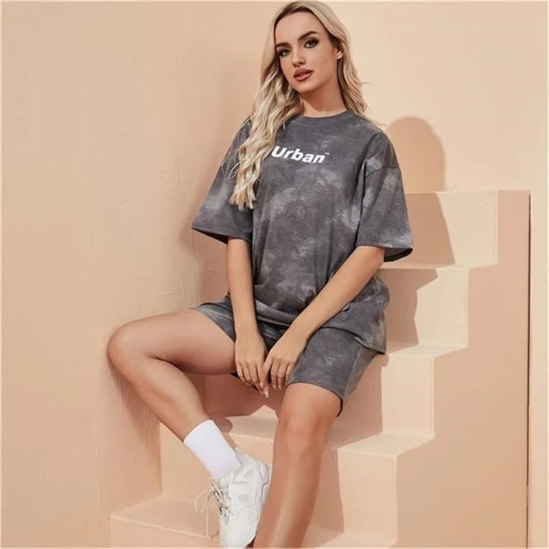 2Piece Women's Tie Dye T-Shirt and Wide Leg Shorts Set Casual Loose Fit Soft Summer Outfit with Pockets