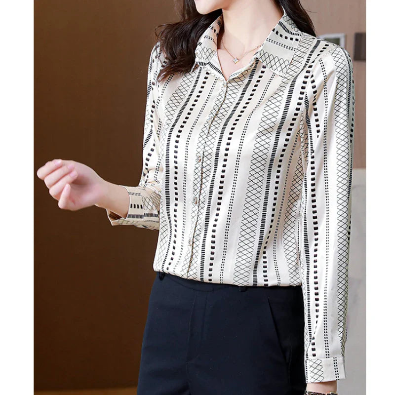 Elegant Satin Women Blouse Long Sleeve Button Up Shirt Vintage Office Lady Print Top