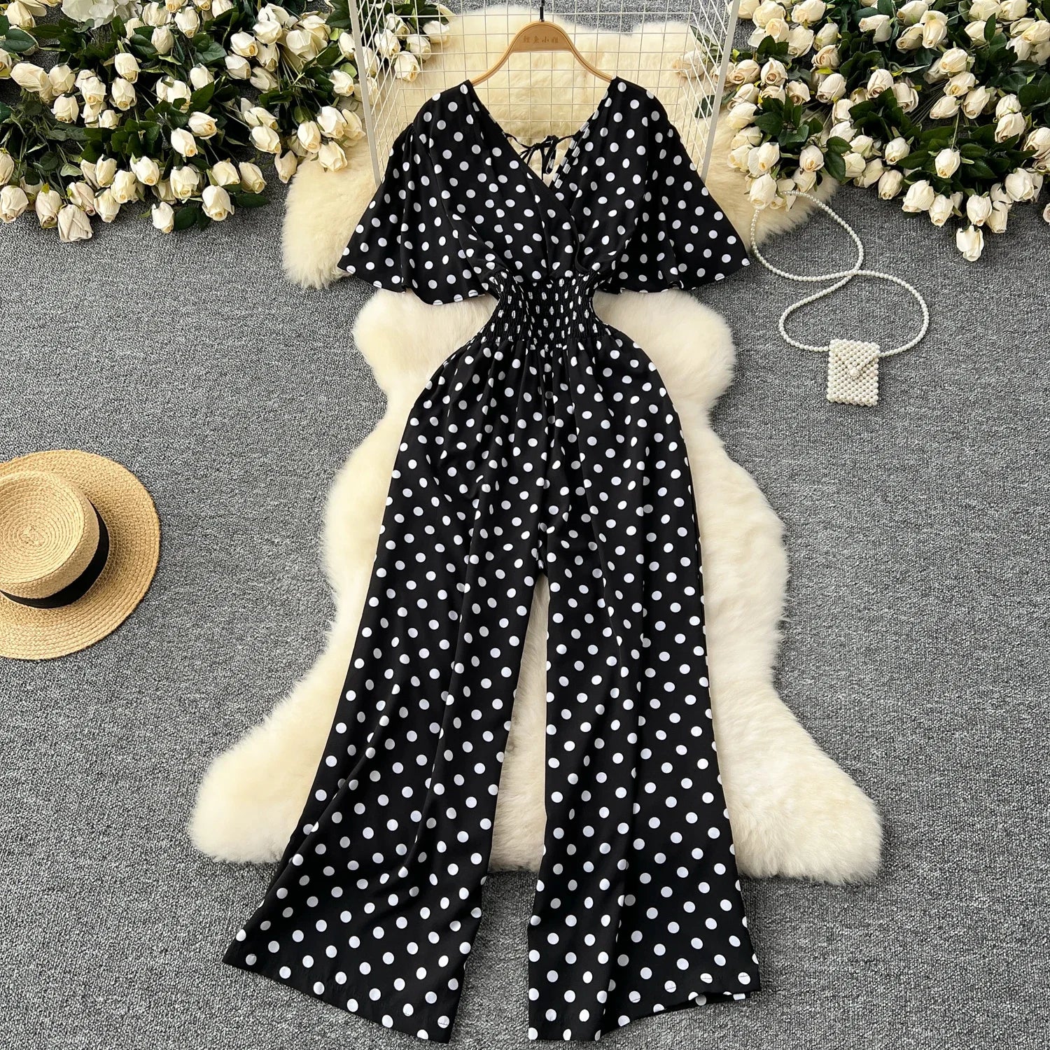 Polka Dot Romper Jumpsuit Women V Neck High Waist Wide Leg