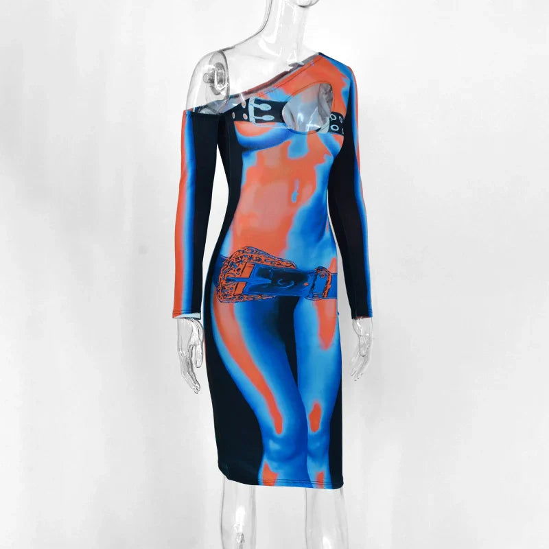 Off Shoulder Hollow Out Party Dress Sheath Multicolor