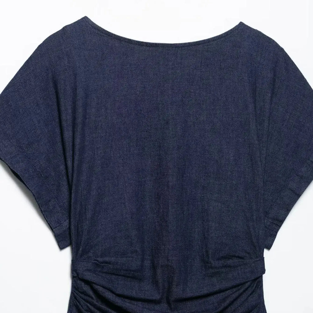 Pleated Slit Dress Round Neck Short Sleeves High Waist Chic