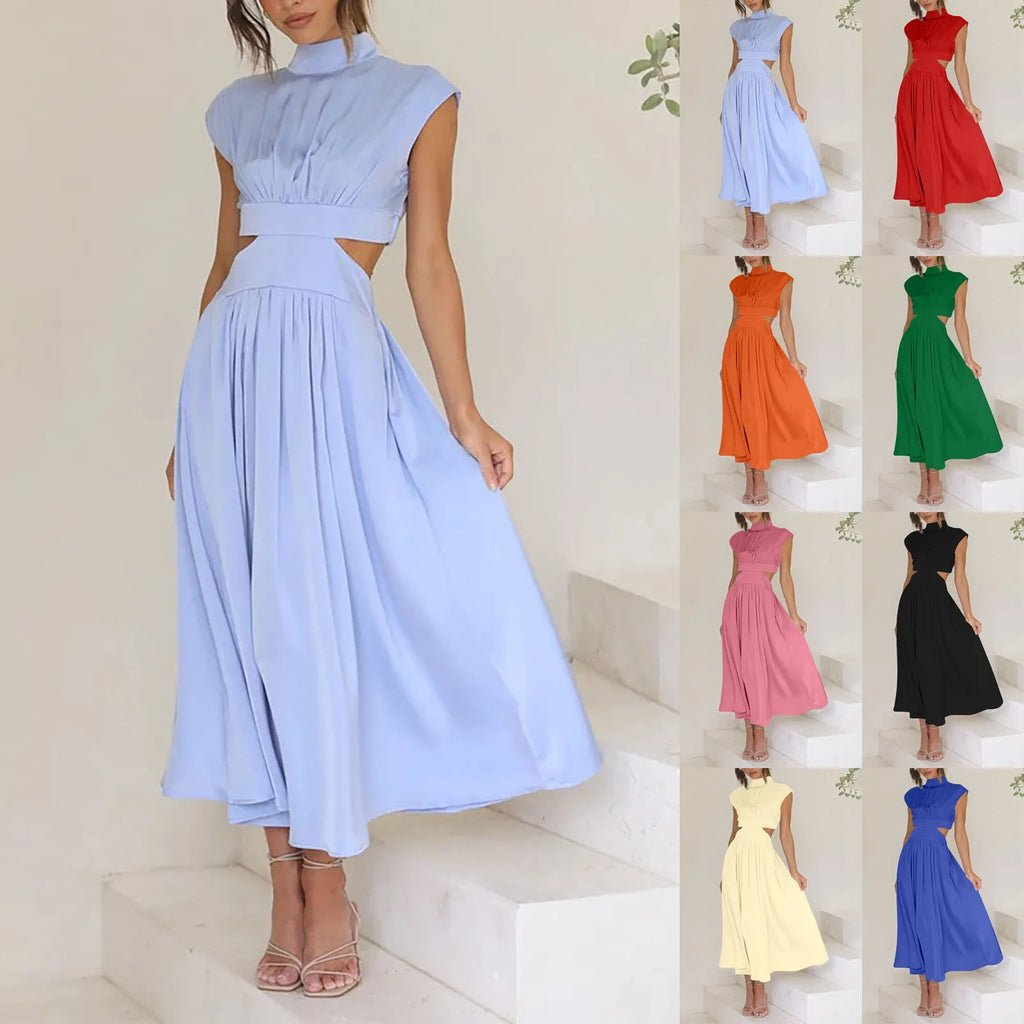 Solid Color High Waist Maxi Dress Sleeveless With Pockets
