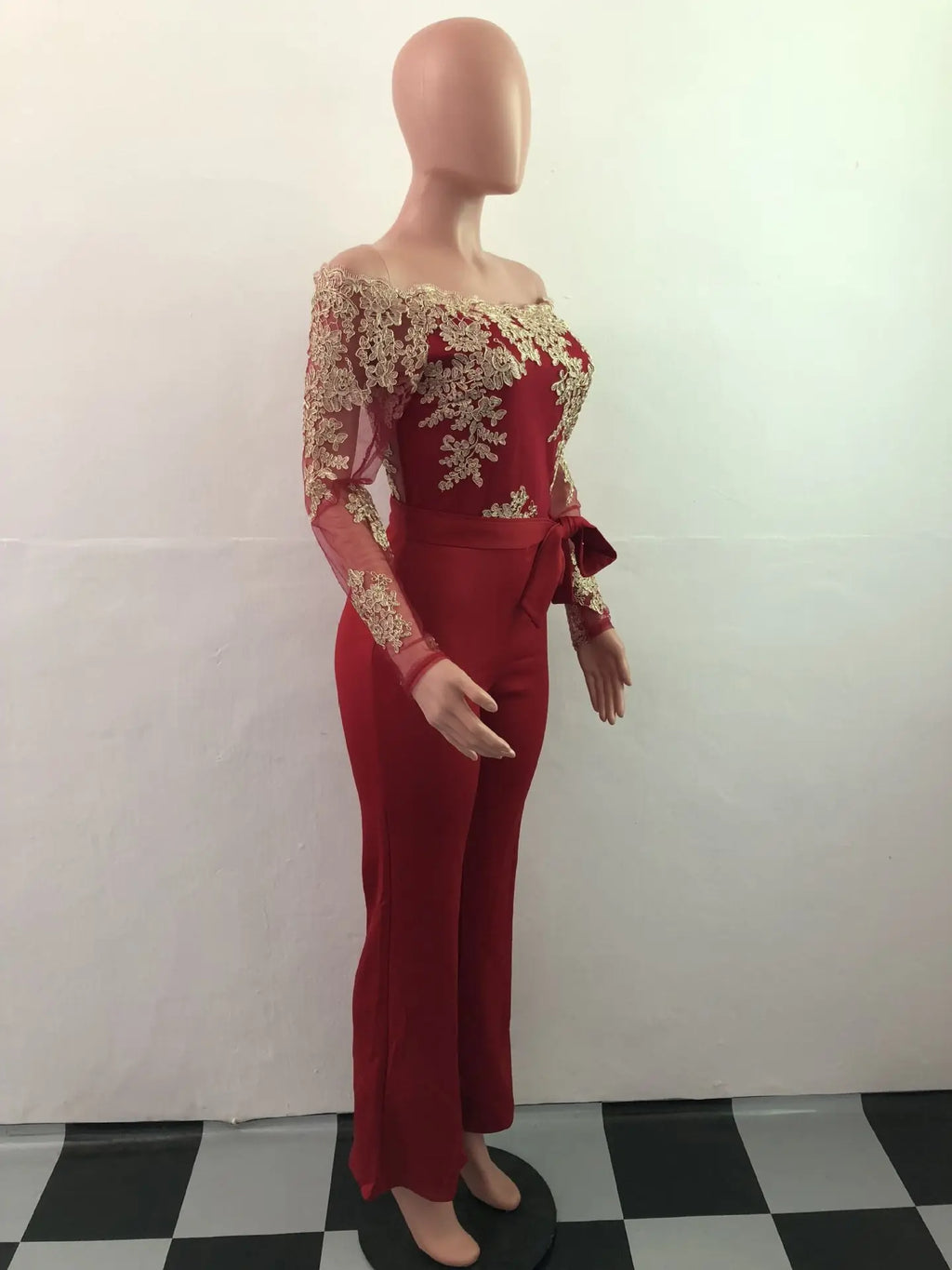 Appliques Lace Patchwork Off Shoulder Jumpsuit for Women with Slash Neck Long Sleeve and Elegant Wide Leg Pants Party Overalls