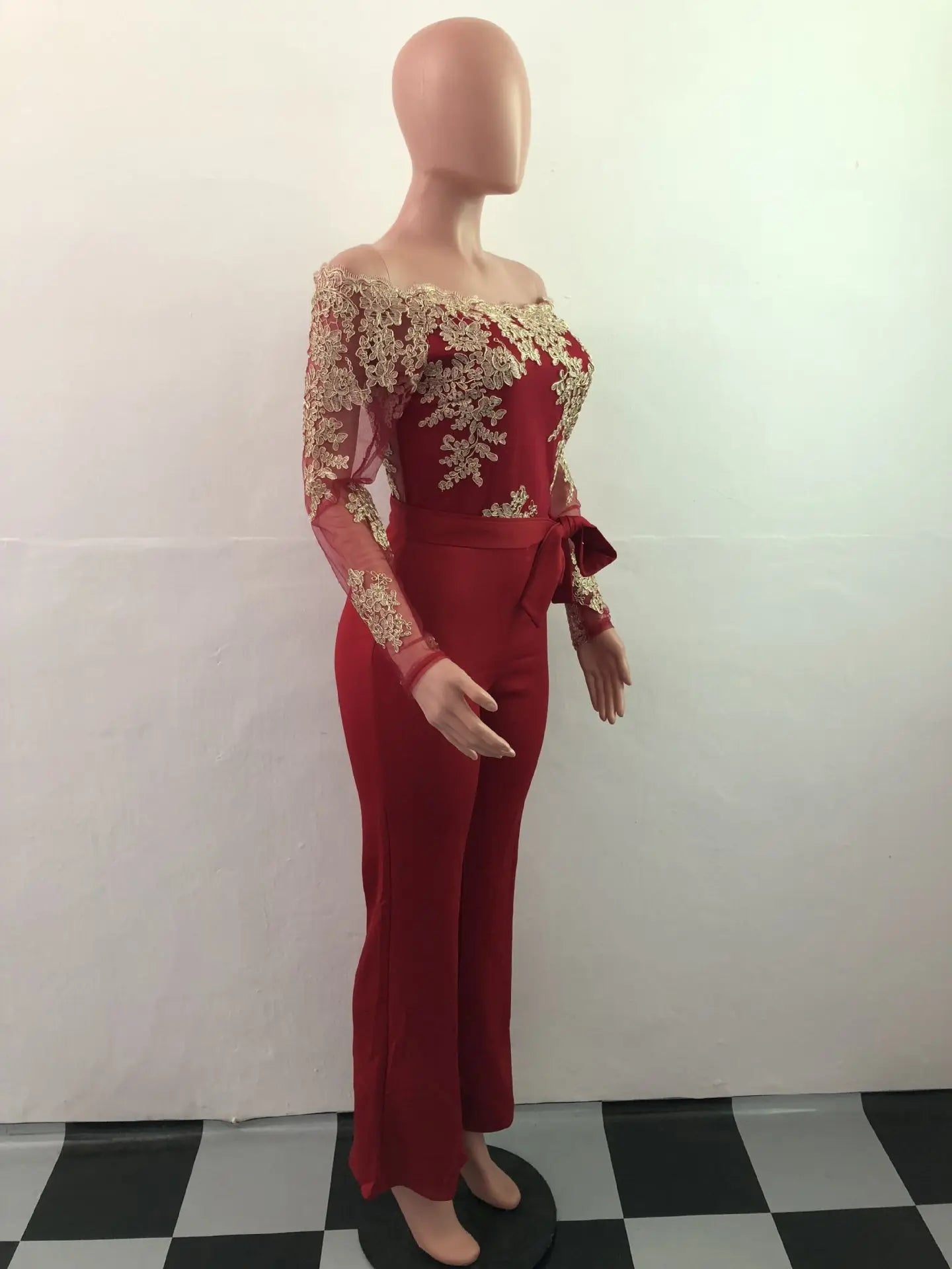 Appliques Lace Patchwork Off Shoulder Jumpsuit for Women with Slash Neck Long Sleeve and Elegant Wide Leg Pants Party Overalls