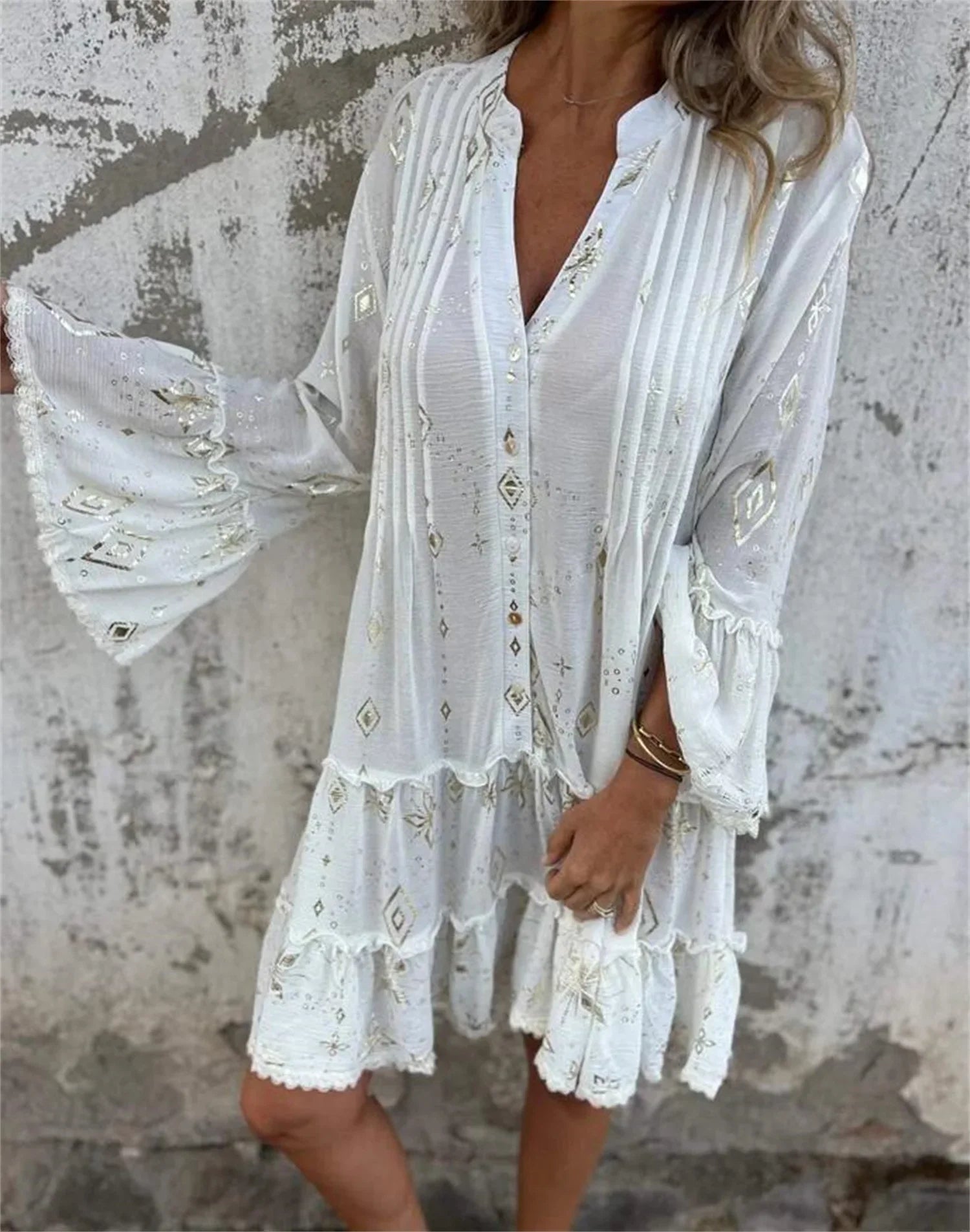 Gold Embossed Lace Sleeve Hollow Out Dress For Women