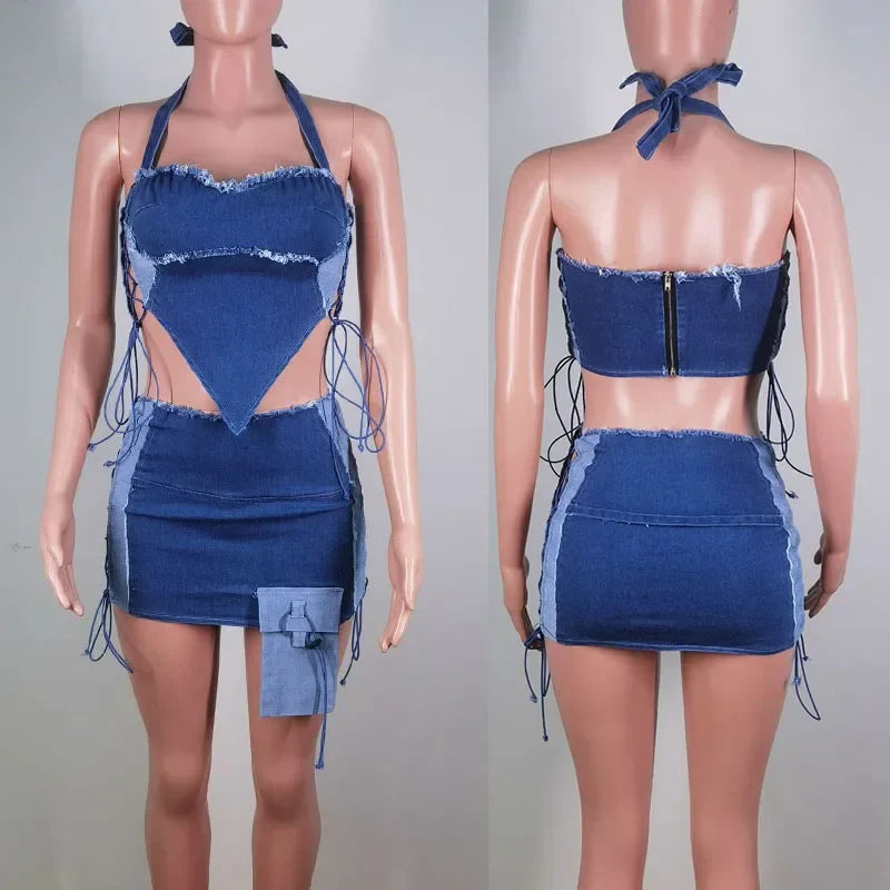 Sexy Denim Halter Lace-Up Crop Top and Mini Skirt Set Women Night Club Festival Y2K Inspired Two-Piece Outfit