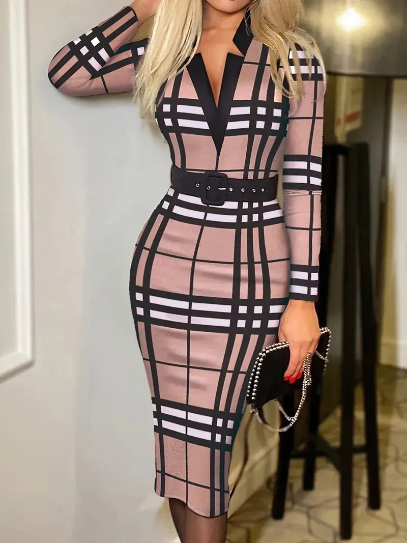 Plaid V Neck Long Sleeve Knee Length Dress For Women