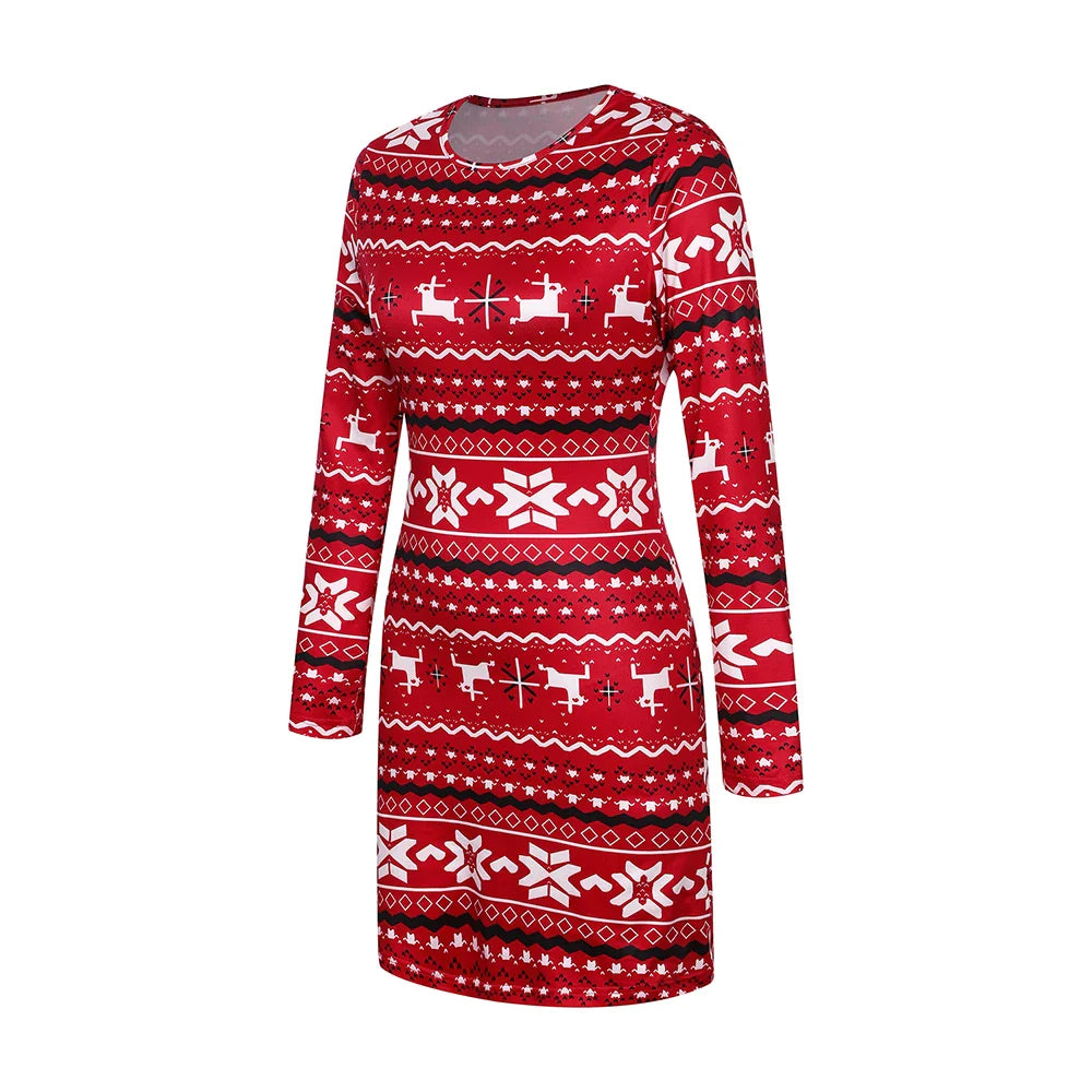 Elegant Red Snowflake Bodycon Christmas Dress For Women