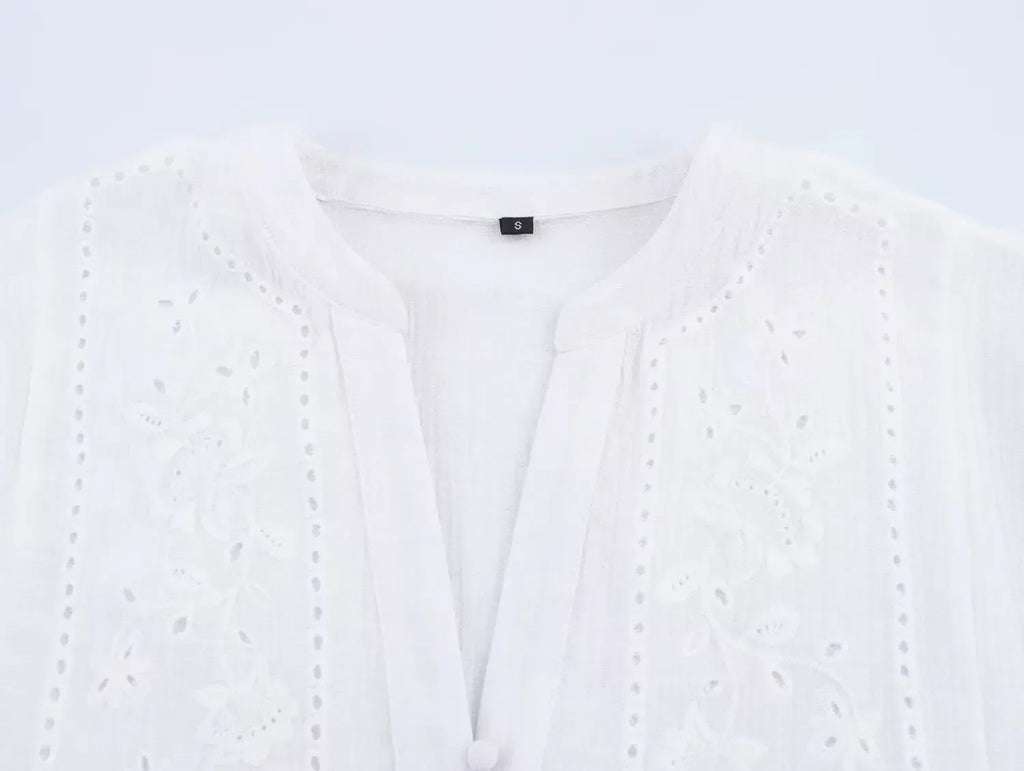 Women's Embroidered V-Neck Long Sleeve Shirt Single-Breasted Loose Hem Casual Chic Top for Spring and Summer