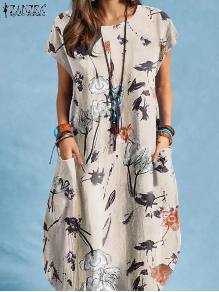 Bohemian Floral Print Midi Dress For Women Summer Beach