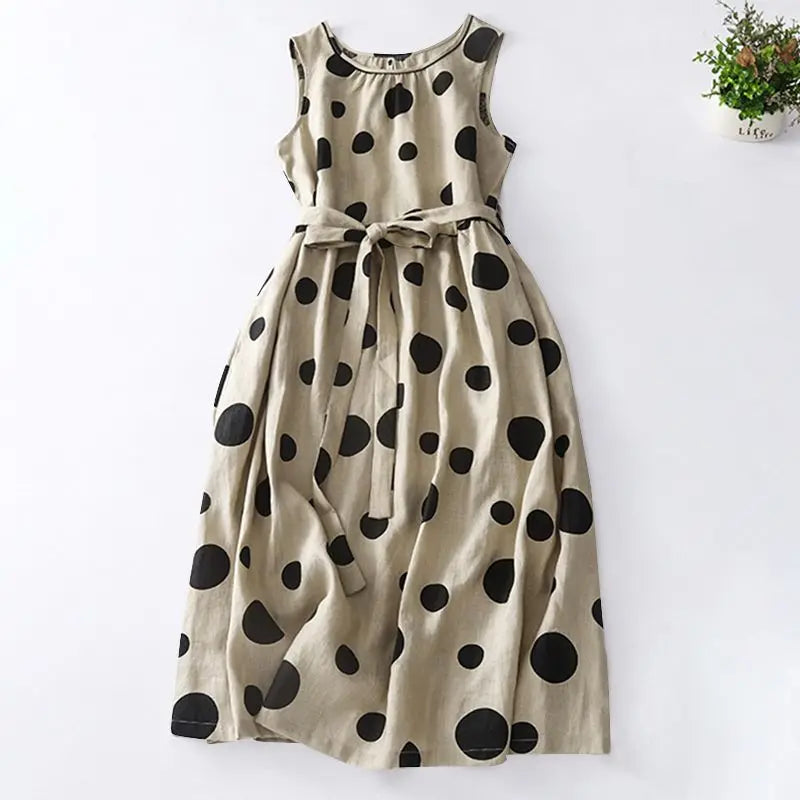 Polka Dot Kaftan Dress For Women Belted Waist Sleeveless