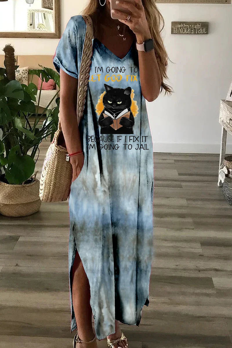 Cat Print Short Sleeve V Neck Swing Dress With Pockets