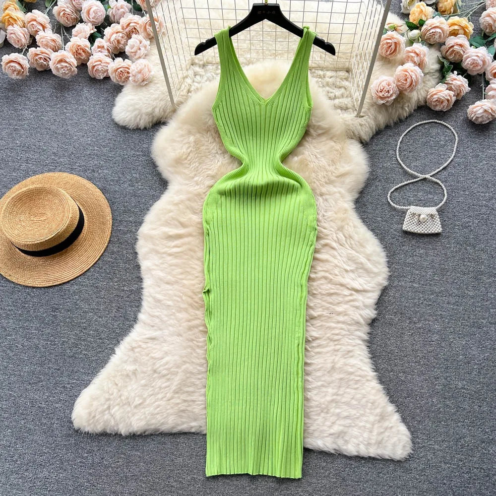 V Neck Knitted Bodycon Dress Solid Casual Elegant Wear