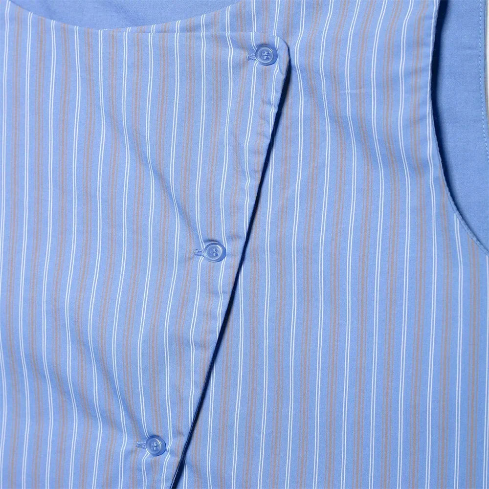 Womens Light Blue Pinstripe Suit Set with Sleeveless Asymmetric Vest and Wide Leg Pants for Stylish Office Attire