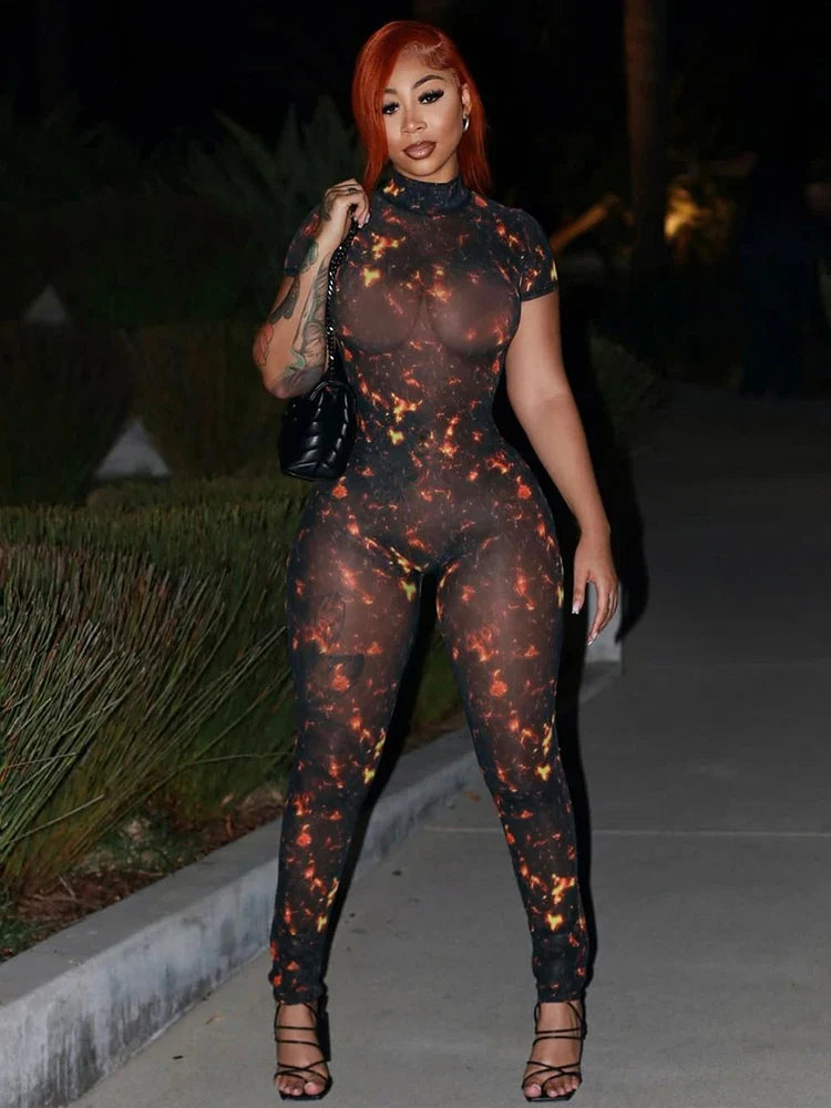 Colorful Mesh Print Jumpsuit for Women Sheer Backless Summer Clubwear Peach Buttocks Contour Tight Fit Overalls