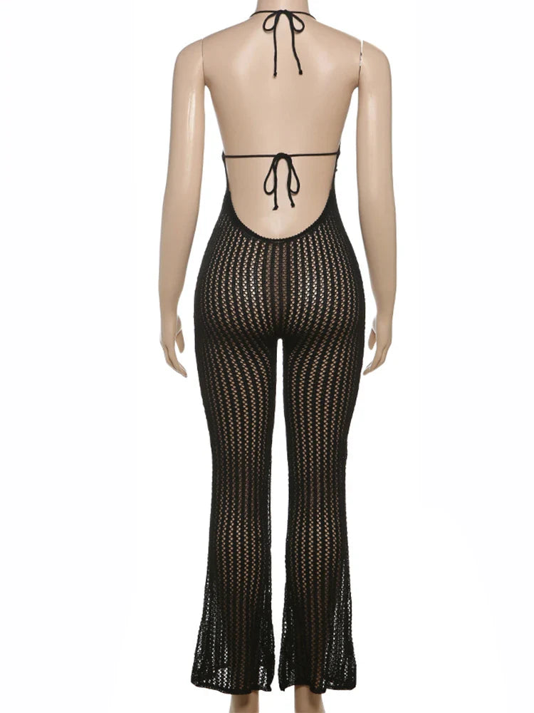 Knitted Floral Women Jumpsuit Sexy Pleated Halter Neck Bandage Low Back Skinny Overalls Trendy Solid Streetwear
