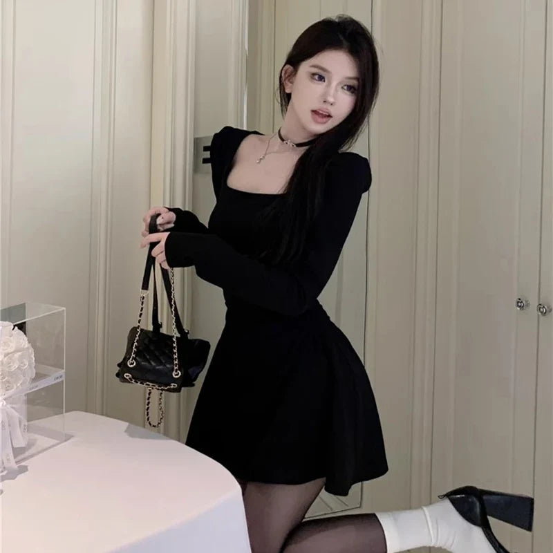 Elegant Women Evening Dress Long Sleeve Retro Banquet Black