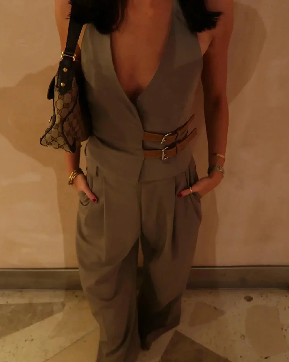 Women's Two-Piece Suit Set with Belt Halter V-Neck Top and High-Waisted Pleated Pants