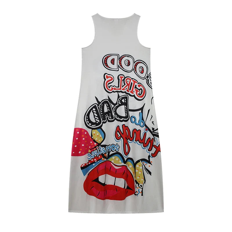 Retro Letter Print Sleeveless Dress With V Neck Style