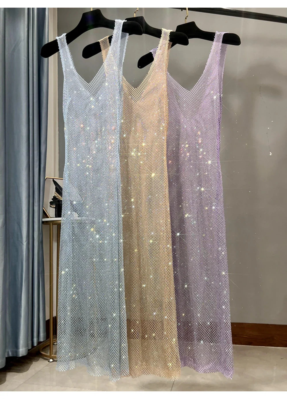 Rhinestone Party Dress Deep V Neck Mesh Club Wear For Women