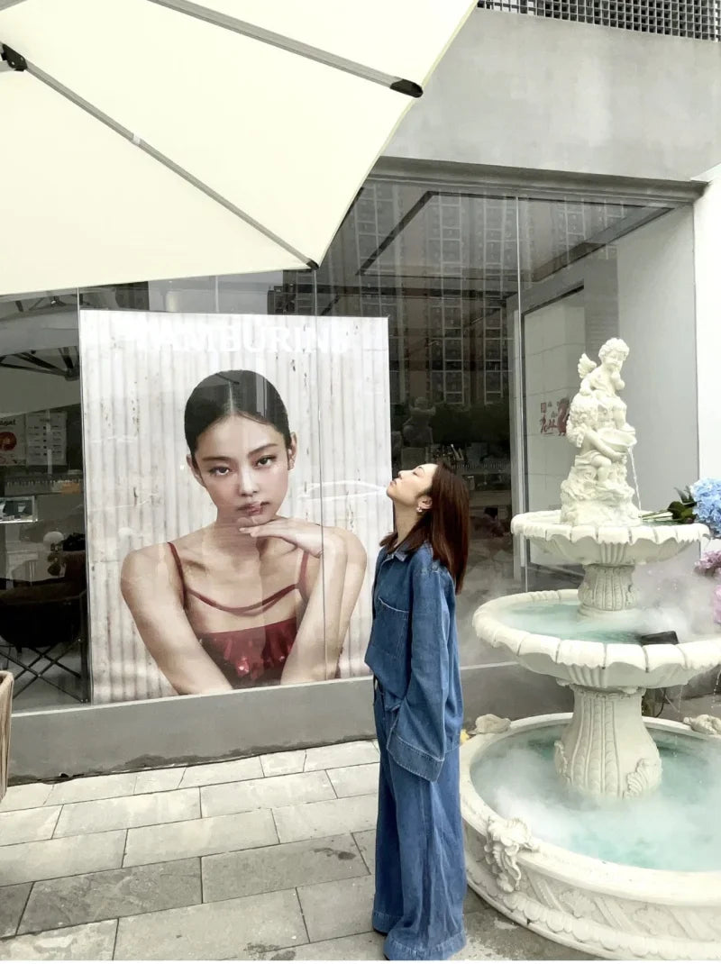 Casual Open Collar Denim Top with Pocket and Loose Wide Leg Drawstring Waist Denim Pants Two Piece Set for Women