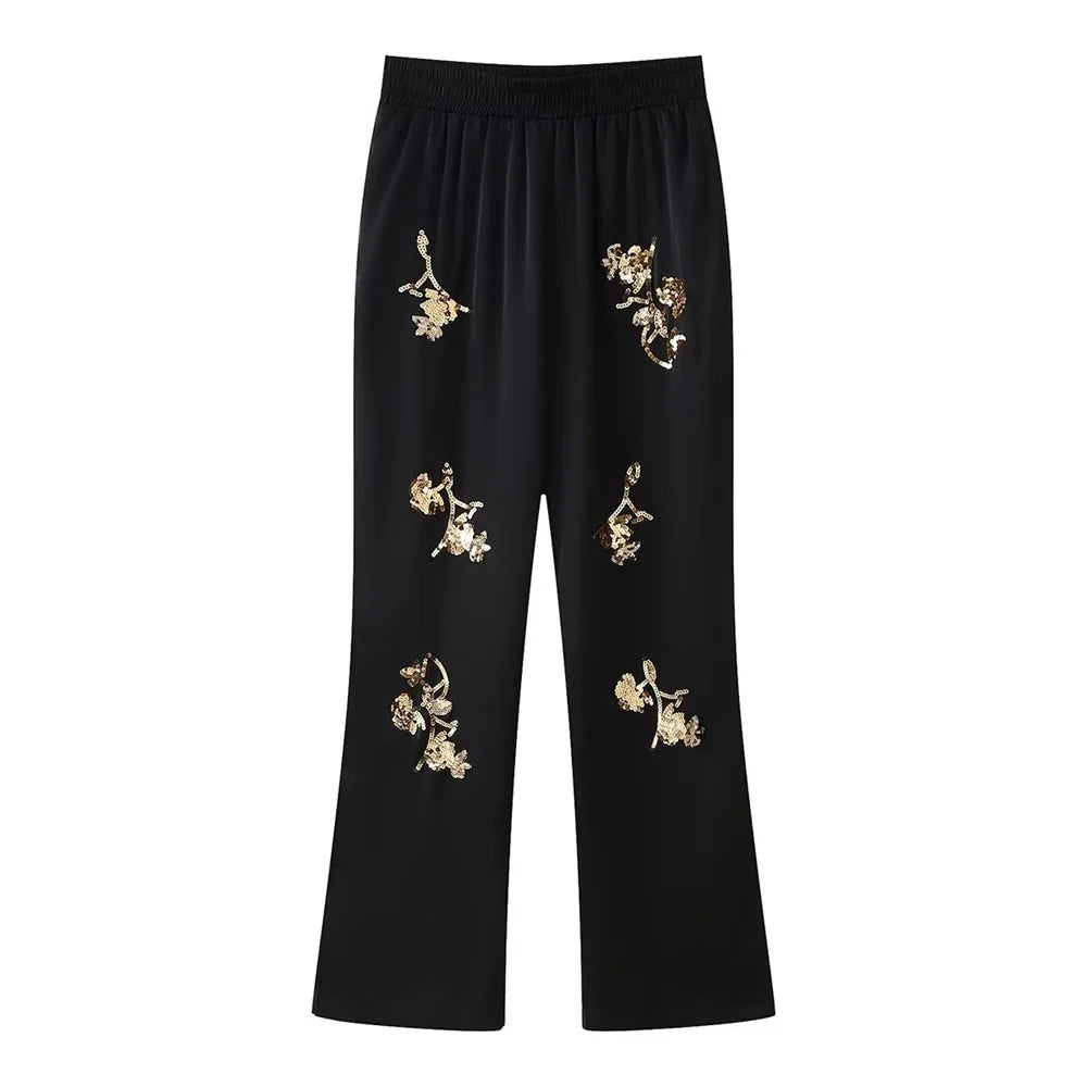 Women's Satin Texture Sequin Embroidered Shirt and High Waist Long Pants Set