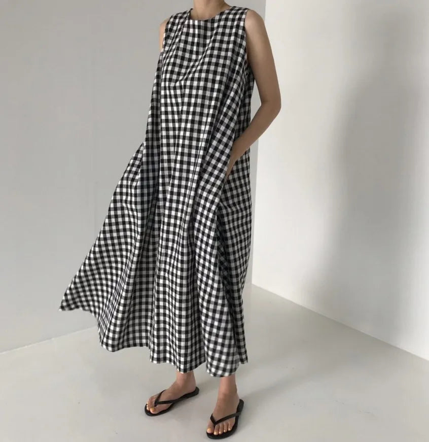 Vintage Plaid Tank Dress for Women High Waist O Neck