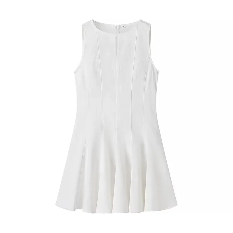 White Sleeveless Mini Dress With Back Zipper Folds Elegant