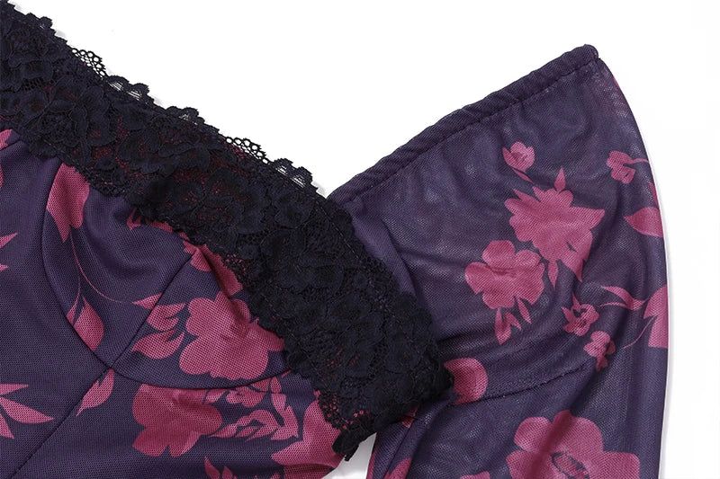 Mesh Long Sleeve Lace Patchwork Backless Evening Dress