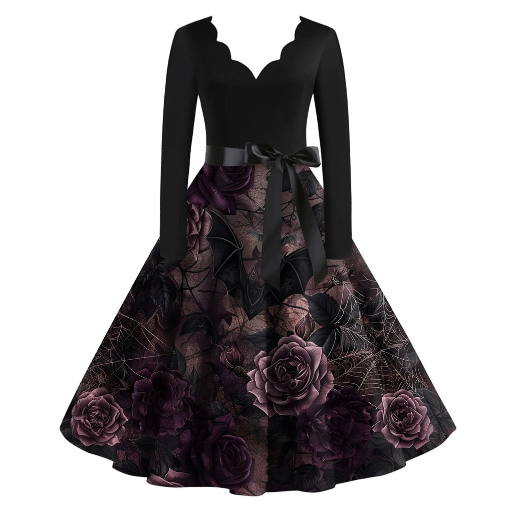 Halloween Printed V Neck Vintage Casual Dress for Women