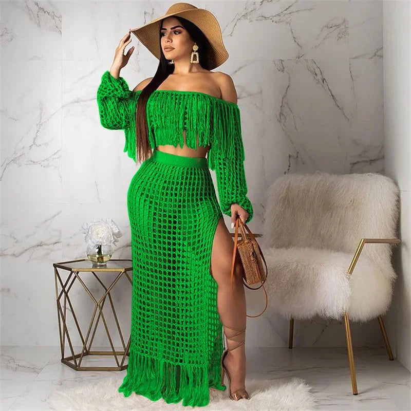 Fringed Tassel Two Piece Women's Beachwear Set Crochet Hollow Out See Through Crop Top and Long Skirt Vacation Outfit