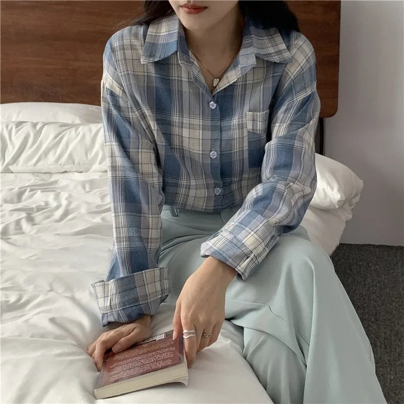 Casual Long Sleeve Plaid Blouse Mid Length Loose Fit Turn Down Collar Shirt for Women Autumn Winter Fashion Top