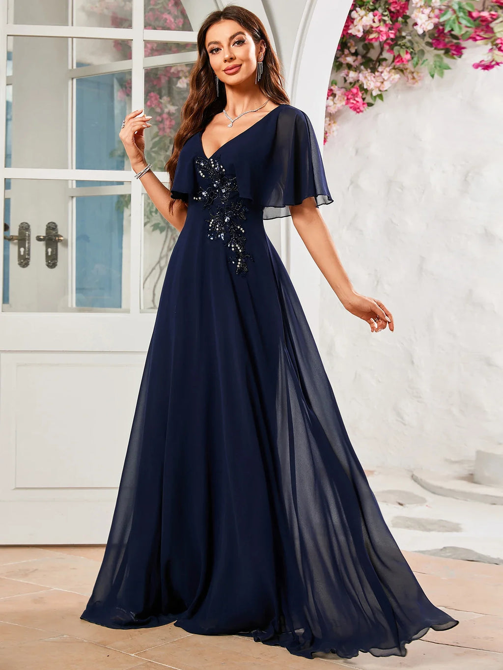 Flounce Sleeve V Neck Beaded Chiffon Bridesmaid Dress