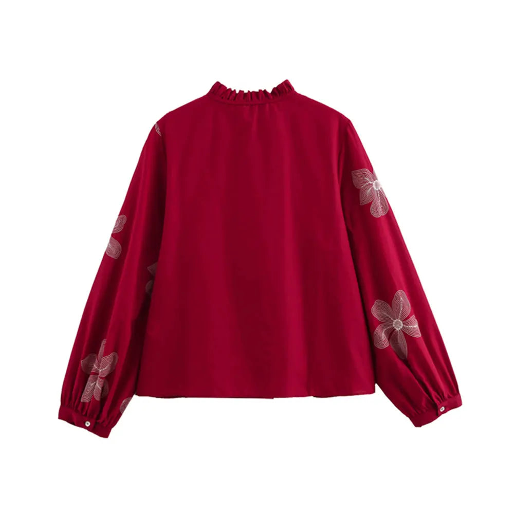 Women's Floral Embroidered Long Sleeve Button-Up Blouse Elegant Chic Shirt Top